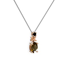 Oval Taşlı X kolye - Dumanlı kuvars ve siyah zirkon 14 ayar rose altın kolye (40 cm gümüş rolo zincir) #qyuuf2