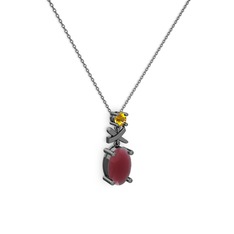 Oval Taşlı X kolye - Kök yakut ve sitrin 925 ayar siyah rodyum kaplama gümüş kolye (40 cm gümüş rolo zincir) #r32r7x