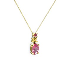 Oval Taşlı X kolye - Pembe kuvars ve kök yakut 18 ayar altın kolye (40 cm altın rolo zincir) #r45c61