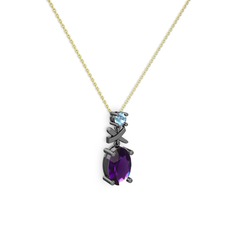 Oval Taşlı X kolye - Ametist ve akuamarin 925 ayar siyah rodyum kaplama gümüş kolye (40 cm altın rolo zincir) #rp7q5n