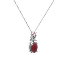 Oval Taşlı X kolye - Kök yakut ve pembe kuvars 8 ayar beyaz altın kolye (40 cm beyaz altın rolo zincir) #rt6vq