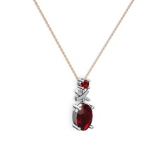 Oval Taşlı X kolye - Garnet 925 ayar gümüş kolye (40 cm rose altın rolo zincir) #rymdnt