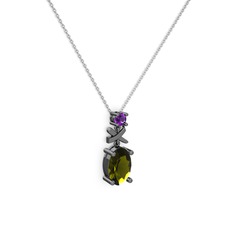 Oval Taşlı X kolye - Peridot ve ametist 925 ayar siyah rodyum kaplama gümüş kolye (40 cm beyaz altın rolo zincir) #rzdnfm