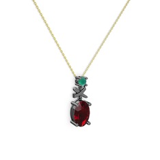 Oval Taşlı X kolye - Garnet ve kök zümrüt 925 ayar siyah rodyum kaplama gümüş kolye (40 cm gümüş rolo zincir) #s3is4f
