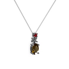 Oval Taşlı X kolye - Dumanlı kuvars ve garnet 925 ayar siyah rodyum kaplama gümüş kolye (40 cm beyaz altın rolo zincir) #sdpiay