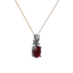 Oval Taşlı X kolye - Garnet ve pırlanta 925 ayar siyah rodyum kaplama gümüş kolye (0.24 karat, 40 cm rose altın rolo zincir) #sgyxg1