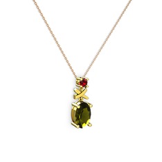 Oval Taşlı X kolye - Peridot ve garnet 8 ayar altın kolye (40 cm rose altın rolo zincir) #srgc7f