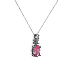 Oval Taşlı X kolye - Pembe kuvars ve pırlanta 925 ayar siyah rodyum kaplama gümüş kolye (0.24 karat, 40 cm gümüş rolo zincir) #sz9s0c