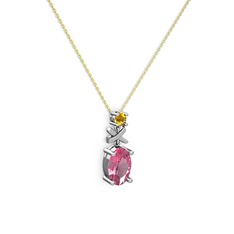 Pembe kuvars ve sitrin 8 ayar beyaz altın kolye (40 cm altın rolo zincir)