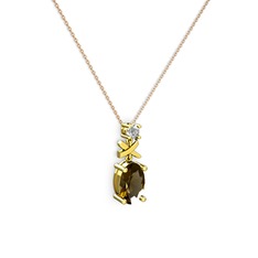Oval Taşlı X kolye - Dumanlı kuvars ve pırlanta 925 ayar altın kaplama gümüş kolye (0.24 karat, 40 cm rose altın rolo zincir) #t44h5y