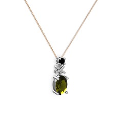 Oval Taşlı X kolye - Peridot ve siyah zirkon 8 ayar beyaz altın kolye (40 cm rose altın rolo zincir) #tc8r9j