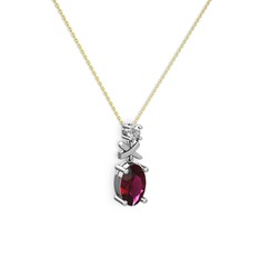 Oval Taşlı X kolye - Rodolit garnet ve pırlanta 8 ayar beyaz altın kolye (0.24 karat, 40 cm altın rolo zincir) #tychmo