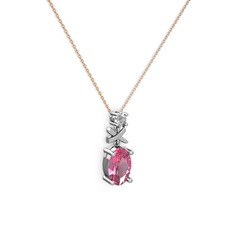 Oval Taşlı X kolye - Pembe kuvars ve beyaz zirkon 18 ayar beyaz altın kolye (40 cm rose altın rolo zincir) #tze9nr