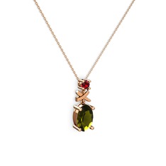 Peridot ve garnet 8 ayar rose altın kolye (40 cm rose altın rolo zincir)