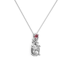 Oval Taşlı X kolye - Swarovski ve kök yakut 14 ayar beyaz altın kolye (40 cm beyaz altın rolo zincir) #udfopd