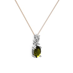 Oval Taşlı X kolye - Peridot ve pırlanta 14 ayar beyaz altın kolye (0.24 karat, 40 cm gümüş rolo zincir) #udwwl