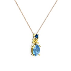 Oval Taşlı X kolye - Akuamarin ve lab safir 8 ayar altın kolye (40 cm rose altın rolo zincir) #umxde2