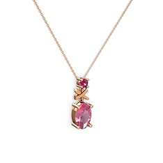 Pembe kuvars ve rodolit garnet 18 ayar rose altın kolye (40 cm rose altın rolo zincir)