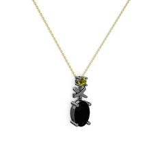 Oval Taşlı X kolye - Siyah zirkon ve peridot 925 ayar siyah rodyum kaplama gümüş kolye (40 cm altın rolo zincir) #v7fl7b