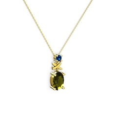 Oval Taşlı X kolye - Peridot ve lab safir 925 ayar altın kaplama gümüş kolye (40 cm altın rolo zincir) #v9c34z