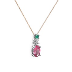 Oval Taşlı X kolye - Pembe kuvars ve kök zümrüt 14 ayar beyaz altın kolye (40 cm rose altın rolo zincir) #vjhwsn