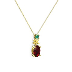 Oval Taşlı X kolye - Garnet ve kök zümrüt 18 ayar altın kolye (40 cm altın rolo zincir) #vlducb
