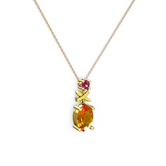 Oval Taşlı X kolye - Sitrin ve rodolit garnet 925 ayar altın kaplama gümüş kolye (40 cm rose altın rolo zincir) #vr9gha