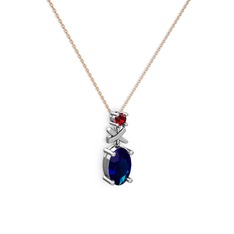 Oval Taşlı X kolye - Lab safir ve garnet 925 ayar gümüş kolye (40 cm rose altın rolo zincir) #vsw6md