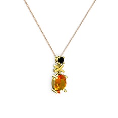 Oval Taşlı X kolye - Sitrin ve siyah zirkon 925 ayar altın kaplama gümüş kolye (40 cm rose altın rolo zincir) #w4v6sj