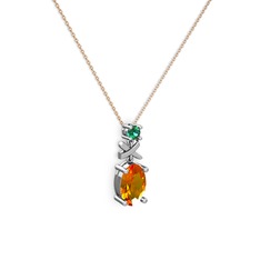 Oval Taşlı X kolye - Sitrin ve yeşil kuvars 14 ayar beyaz altın kolye (40 cm rose altın rolo zincir) #w887q3