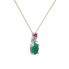Kök zümrüt ve rodolit garnet 14 ayar beyaz altın kolye (40 cm rose altın rolo zincir)