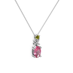Pembe kuvars ve peridot 14 ayar beyaz altın kolye (40 cm beyaz altın rolo zincir)