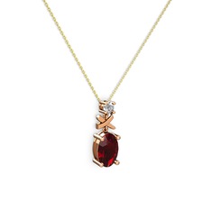 Oval Taşlı X kolye - Garnet ve beyaz zirkon 8 ayar rose altın kolye (40 cm altın rolo zincir) #wrt9dc