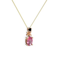 Oval Taşlı X kolye - Pembe kuvars ve siyah zirkon 8 ayar rose altın kolye (40 cm altın rolo zincir) #wyto28