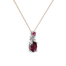 Oval Taşlı X kolye - Rodolit garnet 18 ayar beyaz altın kolye (40 cm rose altın rolo zincir) #xur3c9