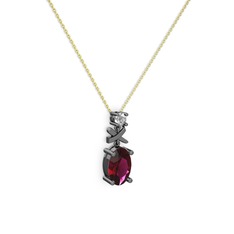 Oval Taşlı X kolye - Rodolit garnet ve pırlanta 925 ayar siyah rodyum kaplama gümüş kolye (0.24 karat, 40 cm gümüş rolo zincir) #y3s4o6