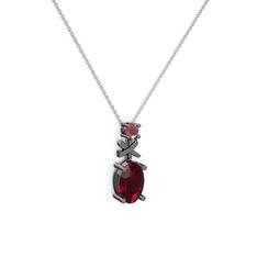 Oval Taşlı X kolye - Garnet ve kök yakut 925 ayar siyah rodyum kaplama gümüş kolye (40 cm beyaz altın rolo zincir) #yailg7