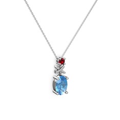Akuamarin ve garnet 14 ayar beyaz altın kolye (40 cm beyaz altın rolo zincir)