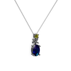 Oval Taşlı X kolye - Lab safir ve peridot 925 ayar siyah rodyum kaplama gümüş kolye (40 cm beyaz altın rolo zincir) #yjcbi9