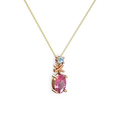 Oval Taşlı X kolye - Pembe kuvars ve akuamarin 8 ayar rose altın kolye (40 cm altın rolo zincir) #yv3ke4