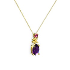 Oval Taşlı X kolye - Ametist ve rodolit garnet 18 ayar altın kolye (40 cm altın rolo zincir) #yxedo1