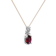 Oval Taşlı X kolye - Rodolit garnet ve pırlanta 14 ayar beyaz altın kolye (0.24 karat, 40 cm rose altın rolo zincir) #yxfuxn