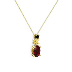 Oval Taşlı X kolye - Garnet ve siyah zirkon 14 ayar altın kolye (40 cm altın rolo zincir) #z2106v