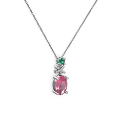 Oval Taşlı X kolye - Pembe kuvars ve yeşil kuvars 8 ayar beyaz altın kolye (40 cm gümüş rolo zincir) #z397w3