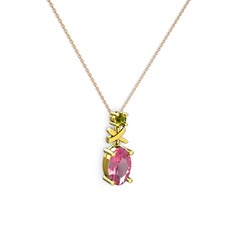 Oval Taşlı X kolye - Pembe kuvars ve peridot 925 ayar altın kaplama gümüş kolye (40 cm rose altın rolo zincir) #z4x7ey
