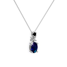 Oval Taşlı X kolye - Lab safir ve siyah zirkon 925 ayar gümüş kolye (40 cm beyaz altın rolo zincir) #z50ca2