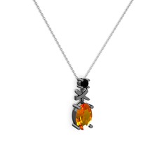 Oval Taşlı X kolye - Sitrin ve siyah zirkon 925 ayar siyah rodyum kaplama gümüş kolye (40 cm gümüş rolo zincir) #zdgry5