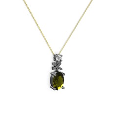 Oval Taşlı X kolye - Peridot ve pırlanta 925 ayar siyah rodyum kaplama gümüş kolye (0.24 karat, 40 cm altın rolo zincir) #ze5jzl