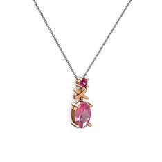 Oval Taşlı X kolye - Pembe kuvars ve rodolit garnet 8 ayar rose altın kolye (40 cm gümüş rolo zincir) #zlqljw