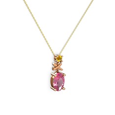 Oval Taşlı X kolye - Pembe kuvars ve sitrin 18 ayar rose altın kolye (40 cm altın rolo zincir) #zr0938
